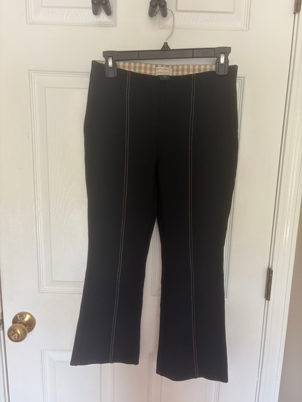 Anthropologie Black Boot-Cut Pants with Tan Contrast Stitching